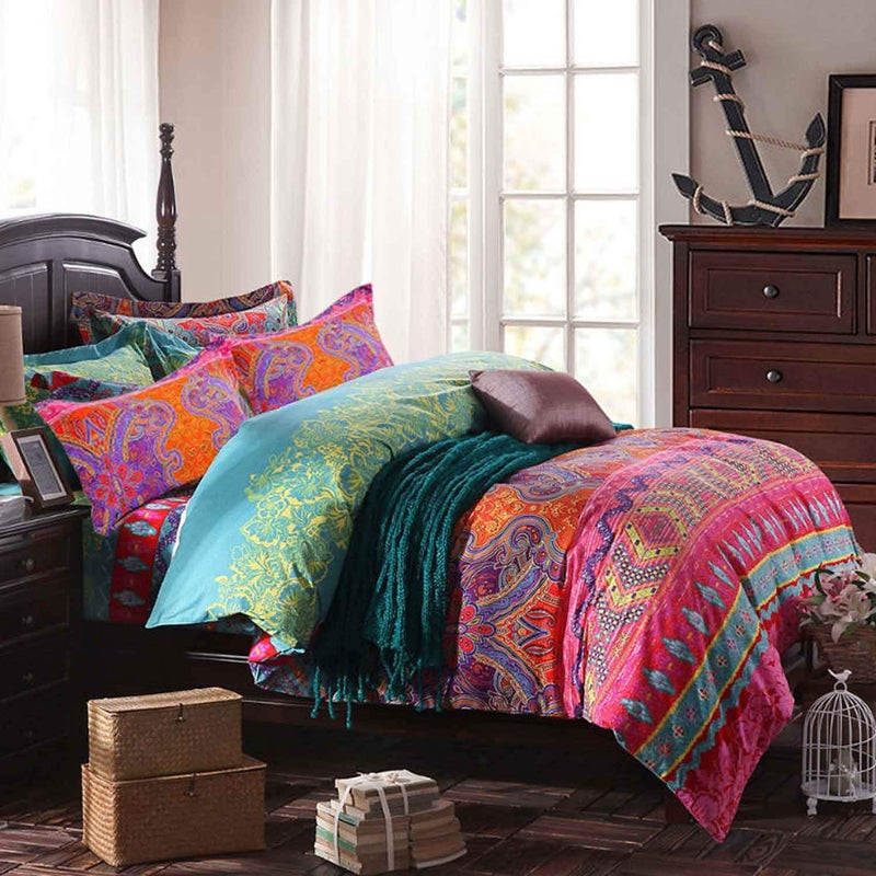 NANKO Queen Duvet Cover Set Boho Red and Green Colorful Vintage Striped Print 3pc 90 x 90 Luxury Soft Microfiber Down Comforter Quilt Bedding Cover with Zipper Ties - Bohemian Exotic for Men and Women - Image 2